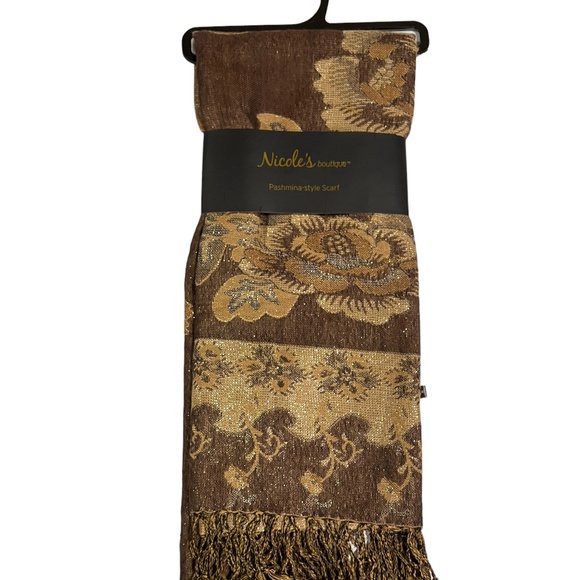 Pashmina style Scarf Rich Gold Brown Cream Olive Green Thread Rich Beautiful NWT - Picture 2 of 8